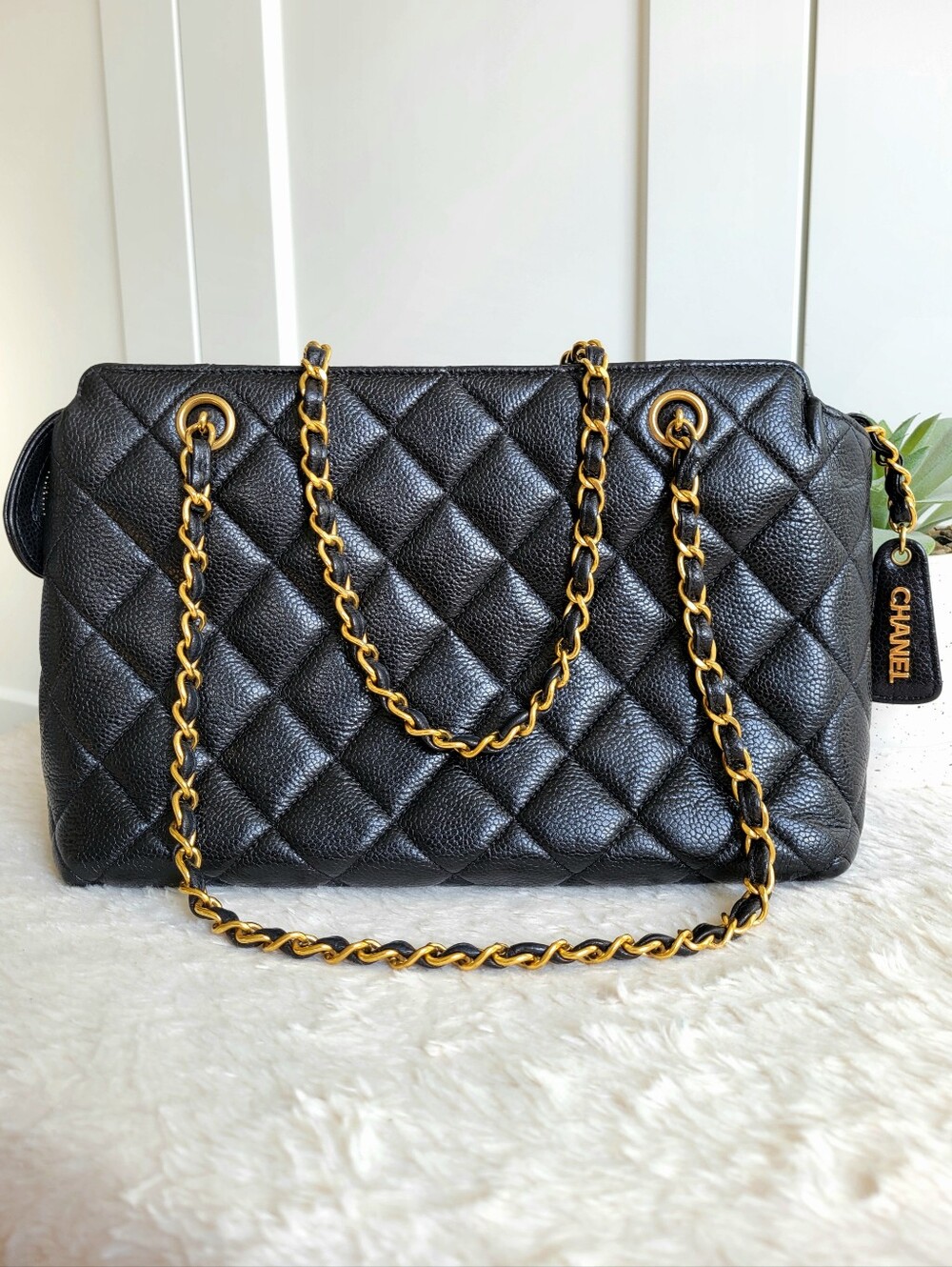 CHANEL Caviar Skin Black Quilted Leather Shoulder Tote Bag with Gold Chain